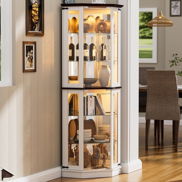 PAKASEPT 71 Farmhouse Display Curio Cabinet with LED Lights Tempered Glass Doors On Sale Bed Bath Beyond 40115676