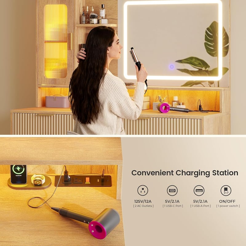 Makeup Vanity Desk Mirror LED Lights Charging Station RGB Lights Drawers Cabinet