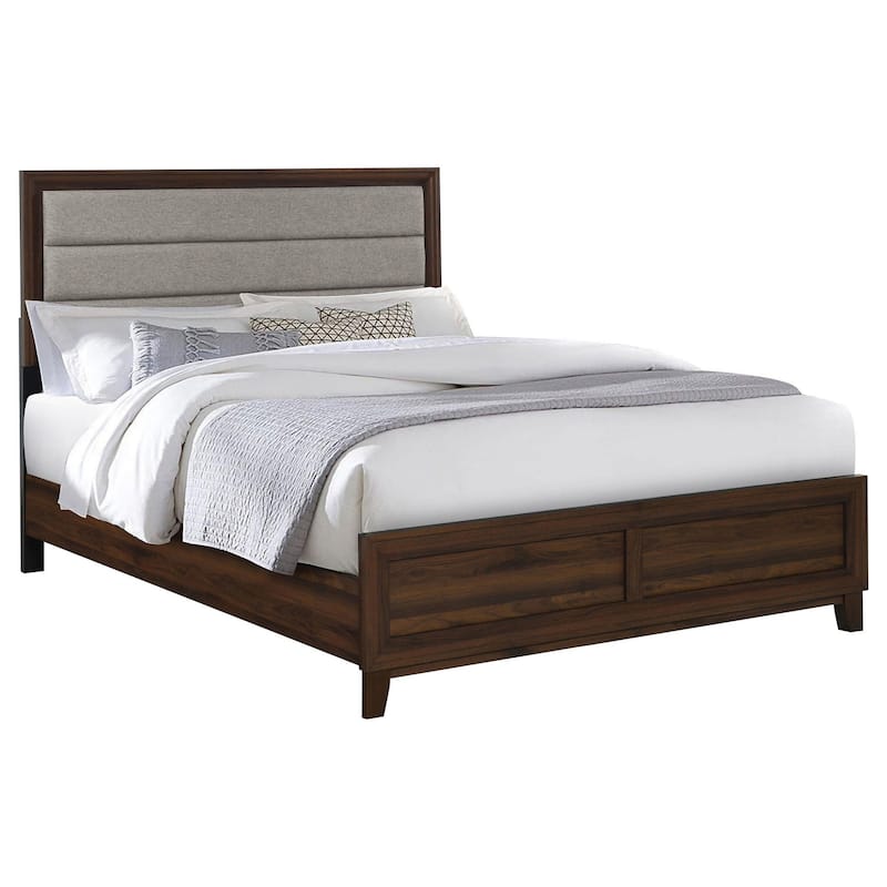 Yels King Size Bed, Gray Channel Tufted Upholstery, Walnut Brown Wood