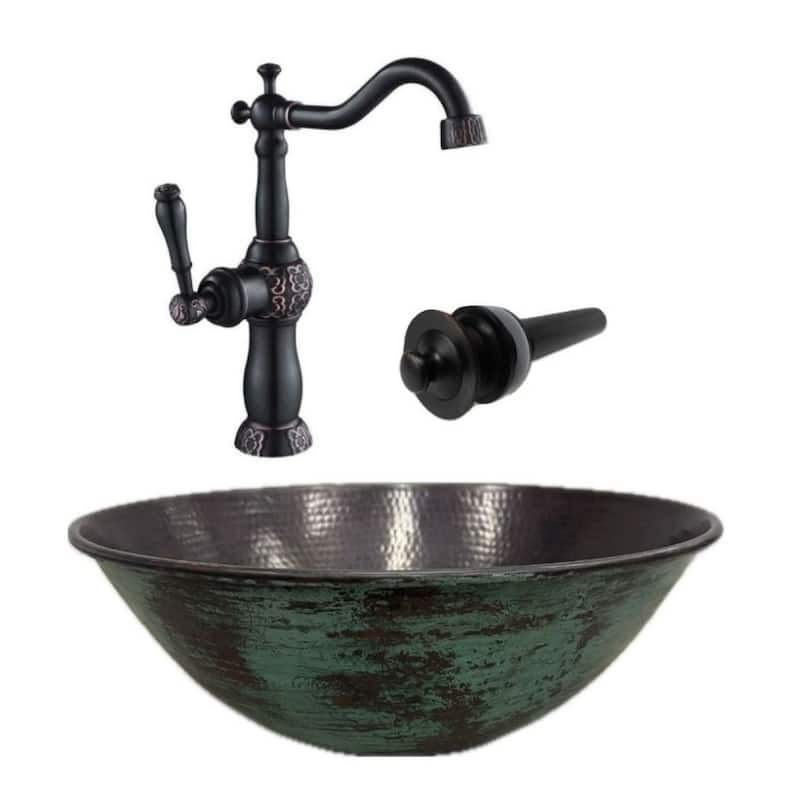 14" Round Copper Vessel Bathroom Sink Green Patina Exterior, Faucet & LT Included - 14" x 14" x 5.5"