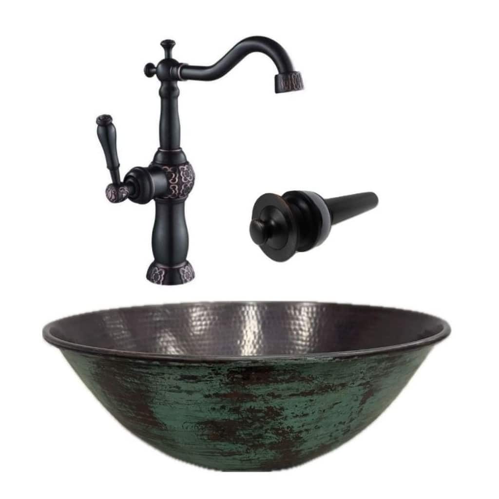 14" Round Copper Vessel Bathroom Sink Green Patina Exterior, Faucet & LT Included - 14" x 14" x 5.5"
