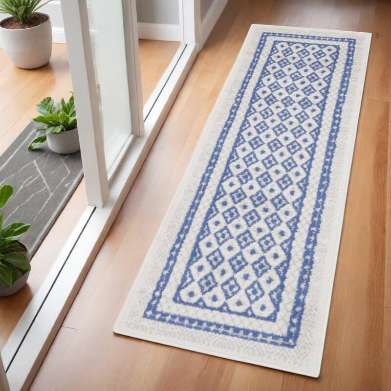 Buri Power Loomed Distressed Geometric Abstract Modern Stain Resistant Area Rug By HomeRoots - 72' X '24' X '0.39 - 72' X '24' X '0.39 - Oxford Blue - Runner