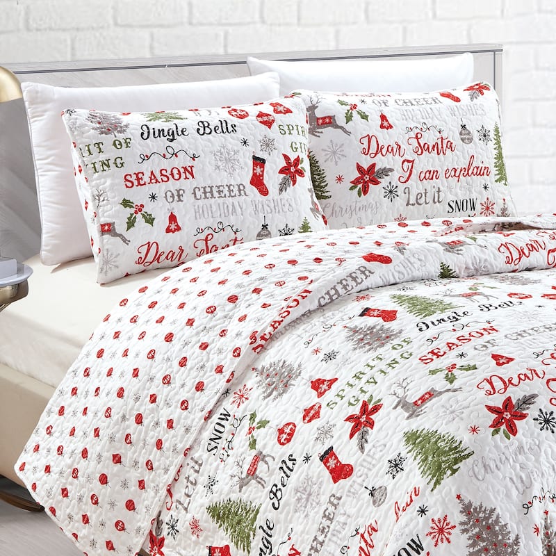 Premium Holiday Printed Microfiber Quilt Set With Shams