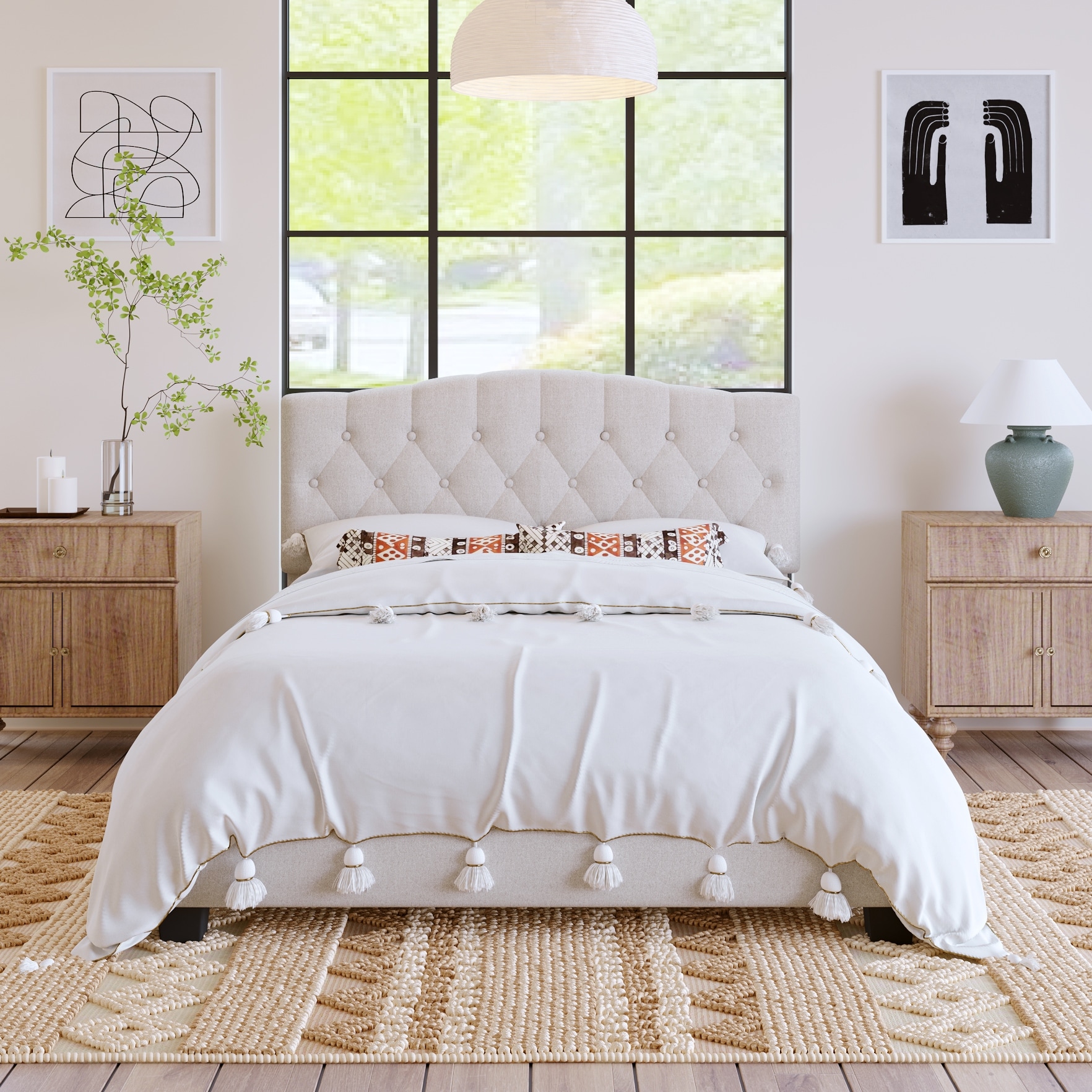 Beige Upholstered Platform Bed with Saddle Curved Headboard