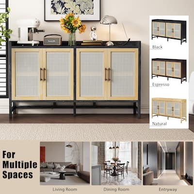 Boho Rattan Buffet Cabinet Sideboard Storage Cabinet, Accent Cabinet Console Table for Dining Room Living Room, Black+Natural