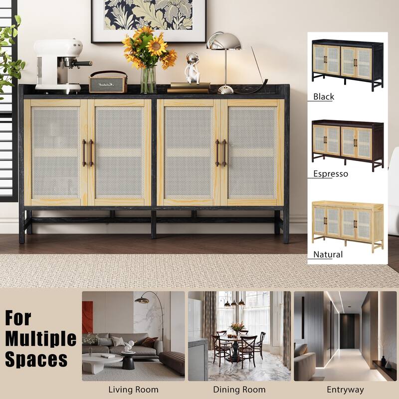 Rattan Sideboard Buffet Storage Cabinet Console Table, Black+Natural