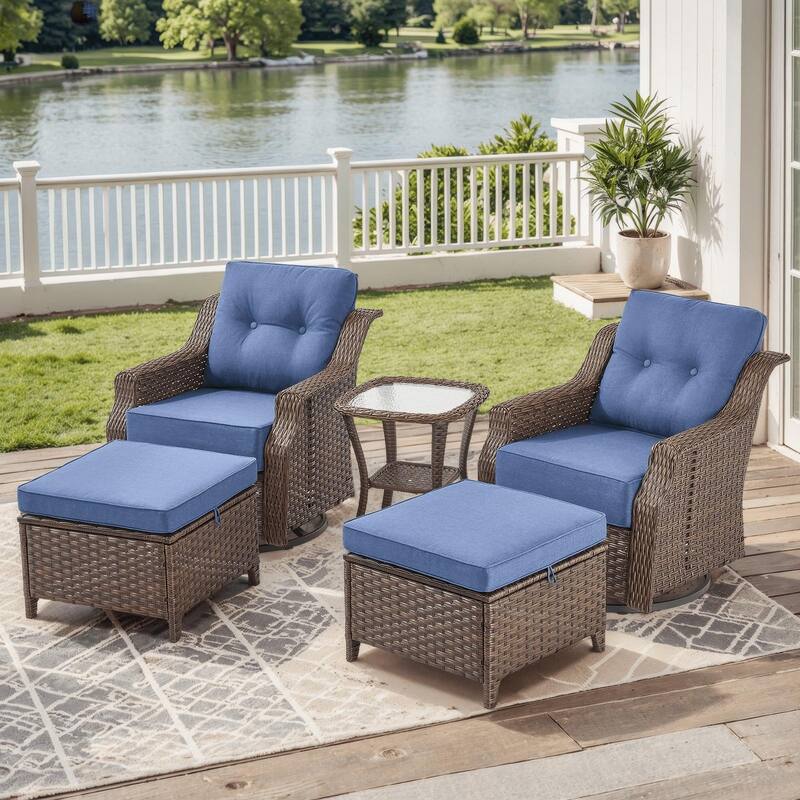 Outdoor Wicker Rattan Sofa Set for Garden - Brown Wicker & Blue Cushion - 5PCS Gldier Chairs Table with Ottoman
