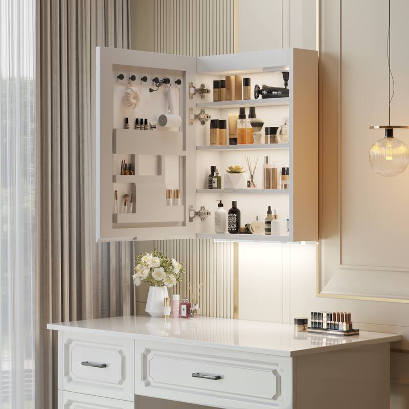 White MDF LED Bathroom Wall Cabinet with Mirror, Shelves and USB Ports - 19.7” x 6.3” x 27.6”
