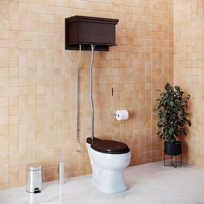 High Tank Toilet - Dark Oak Wooden Flat Tank, Elongated White Bowl and Satin Z Pipes Renovators Supply