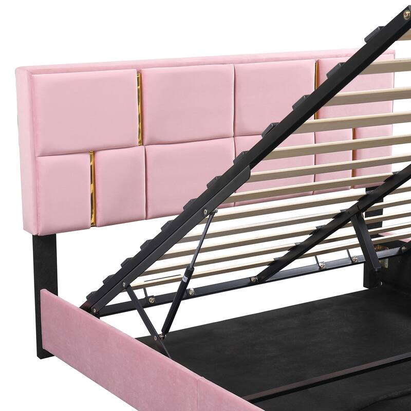 Queen Size Hydraulic Storage Platform Bed with Rectangular Pattern Headboard & Storage Underneath, Noise Free Bed Frame
