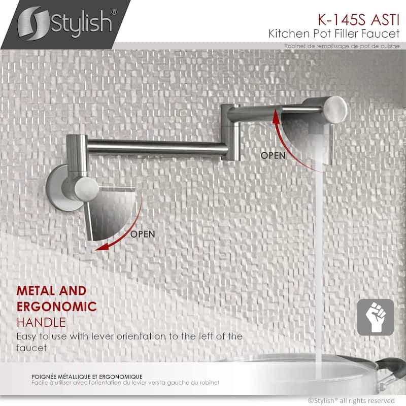 STYLISH Stainless Steel Wall Mount Pot Filler Folding Stretchable with Single Hole Two Handles