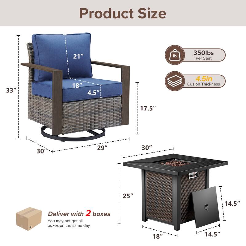 Meyreso 3-Piece Wicker Swivel Glider Metal Fire Pit Set with Plush 4.5" Olefin Cushions