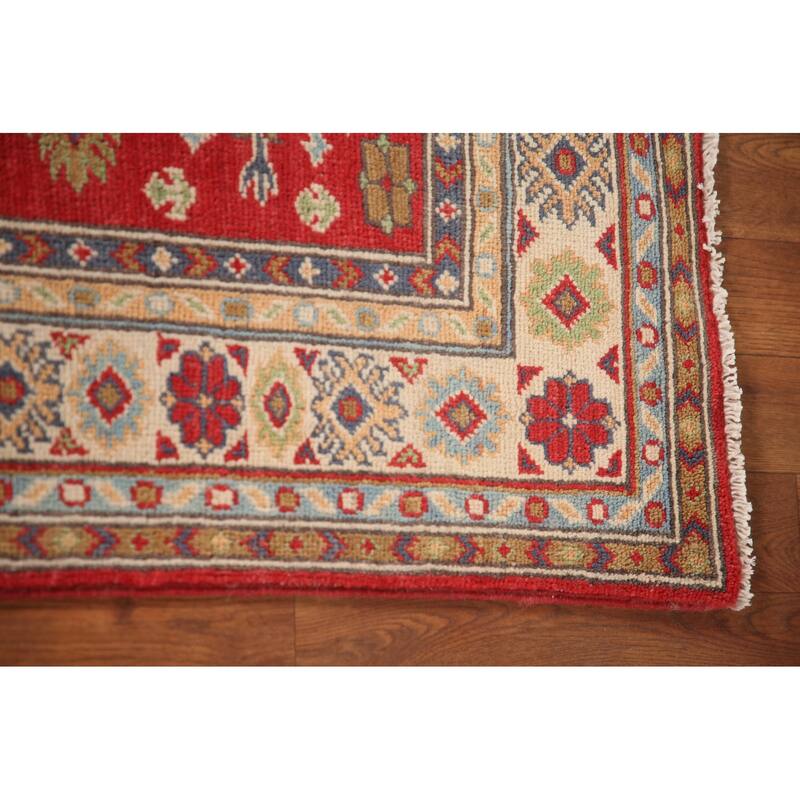 Red Geometric Kazak Accent Rug Handmade Oriental Wool Carpet - 2'11"x 4'3"
