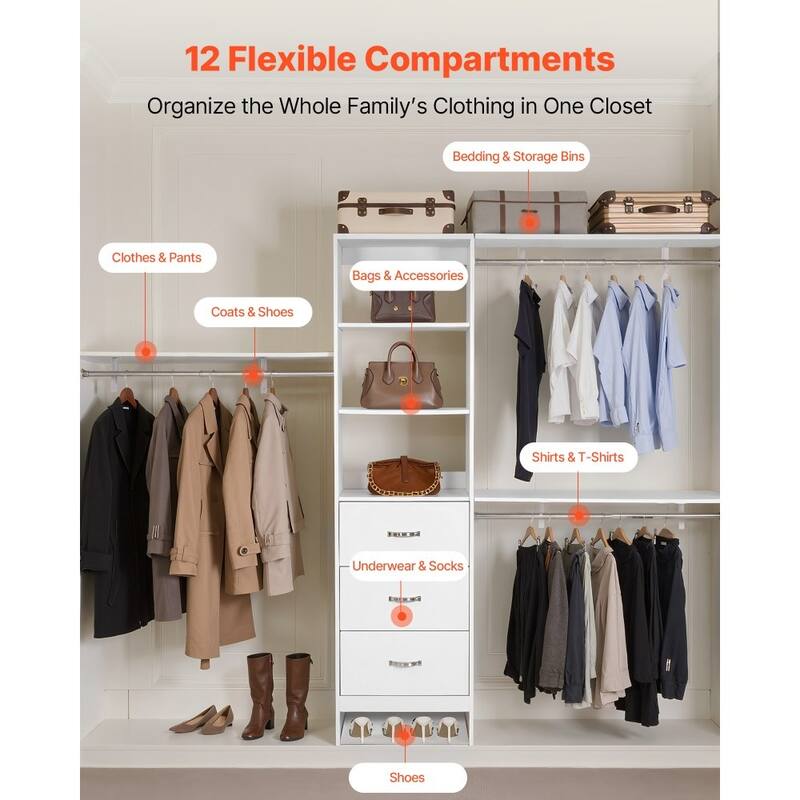 White Wooden 3 Drawers Closet Organizer with 12 Compartments Adjustable Rods for Large Storage - 95.7” x 16” x 75”