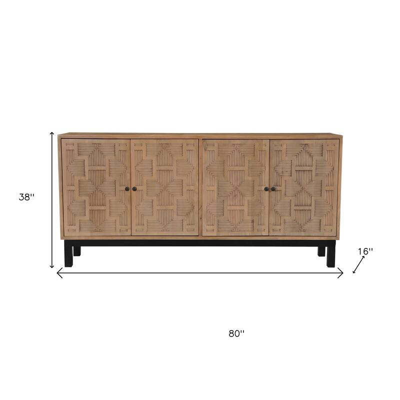 HomeRoots 80" Brown Solid Wood Carved Geometric Sideboard with Four Doors - 80.00 in. x 38.00 in. x 16.00 in.