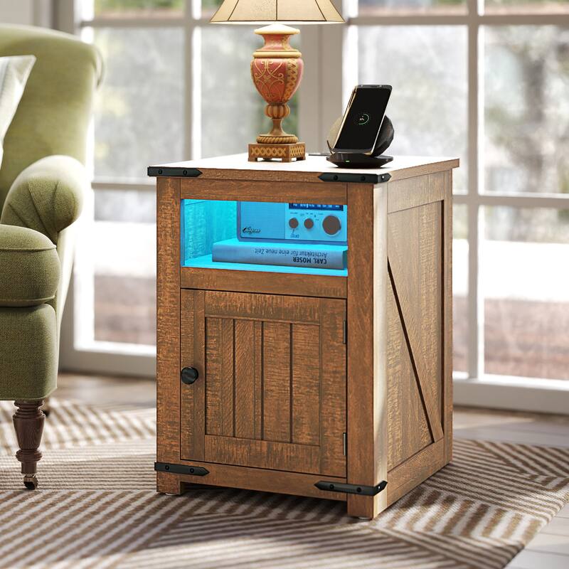 Moasis Farmhouse 3-tier Chairside End Side Table with LED and Charging Station USB Ports - Brown