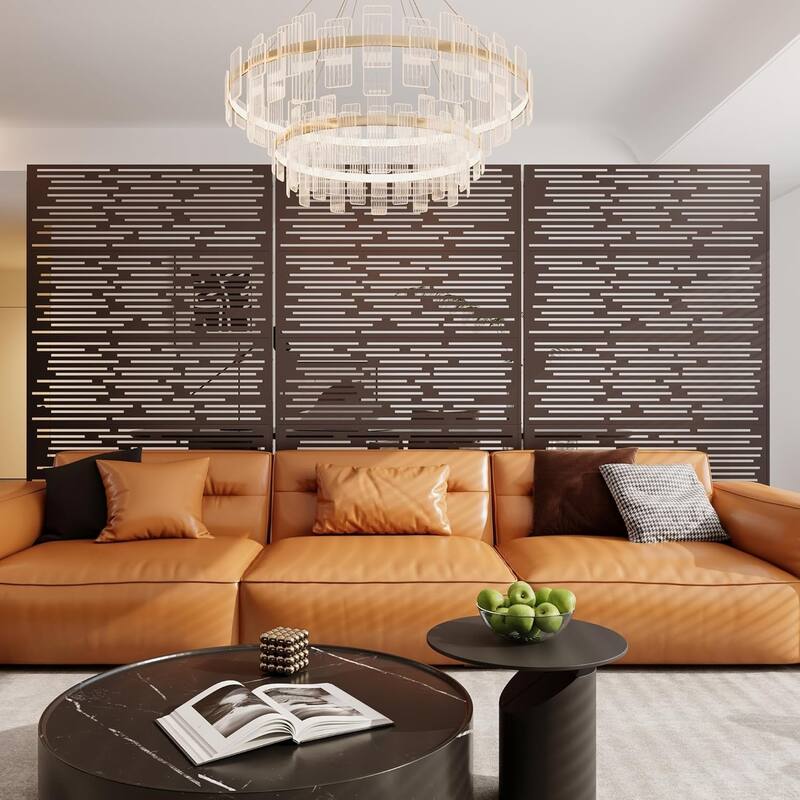 1PCS 72 in H x 46 in W Metal Privacy Screen Panel Freestanding Outdoor Divider with Stand Stripe02-Brown