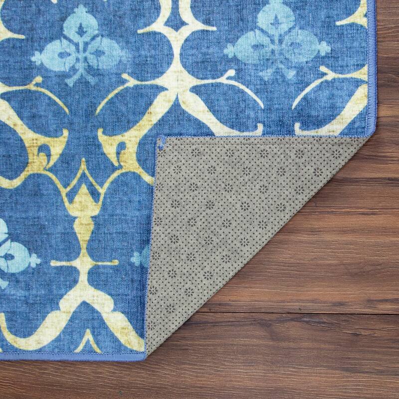 My Magic Carpet Machine Washable Area Rug Leilani Damask Blue