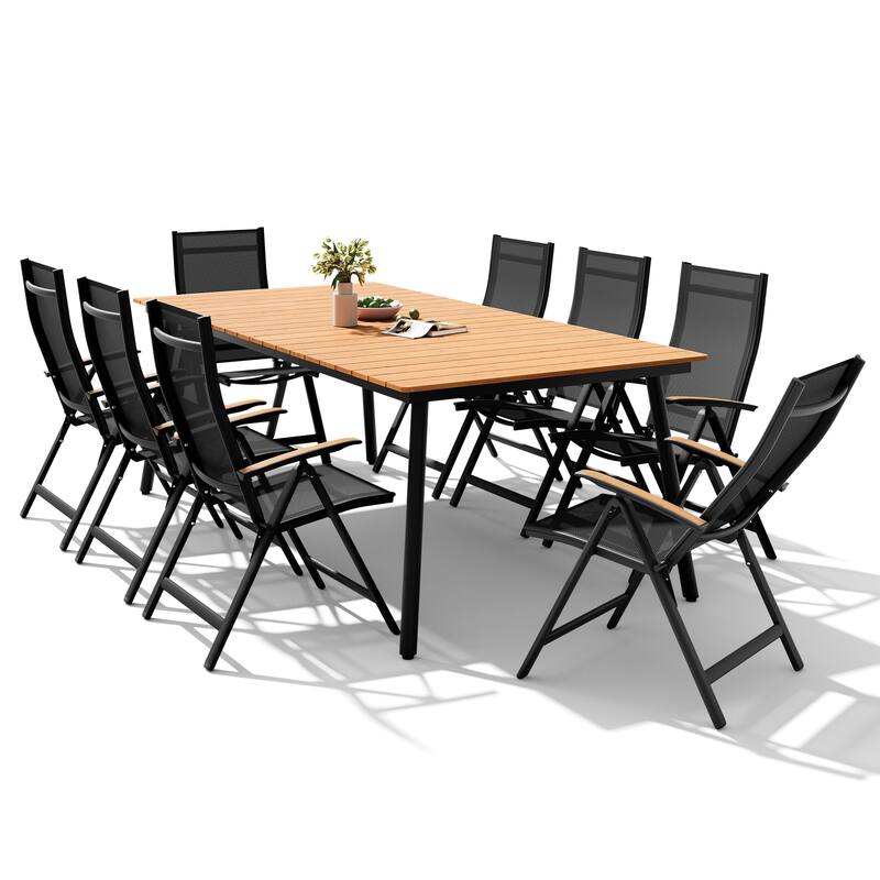 9PC Outdoor Patio Dining Set Aluminum Umbrella Hole Table with Folding Chairs