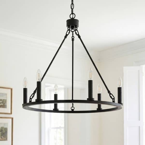 slide 2 of 17, Acroma 6-light Farmhouse Rustic Round Wagon Wheel Chandelier with UL - 23'' Aged Zinc