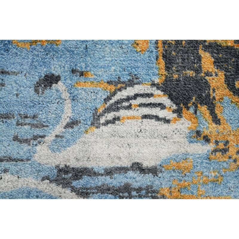 Hand Knotted Oriental Viscose Silk Carpet Modern Pictorial Navy Blue & Blues Abstract Area Rug - 8' 0'' X 5' 0''