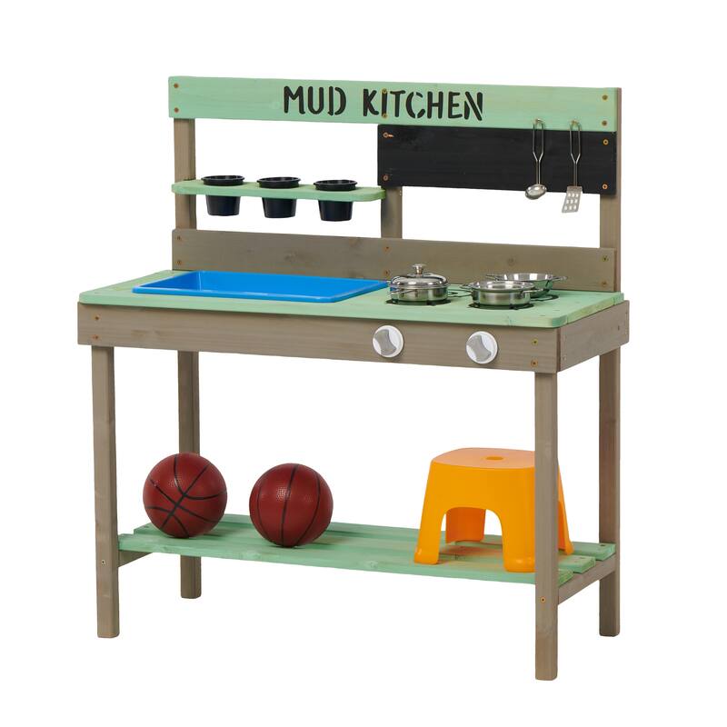 Kids Play Kitchen, Wood Mud Kitchen with Water Play Set & Cooking Toys for Outdoor