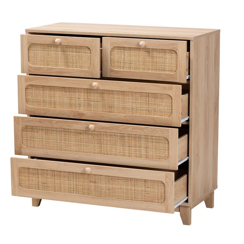 Elsbeth Mid-Century Modern Oak Brown Finished Wood and Natural Rattan 5-Drawer Storage Cabinet