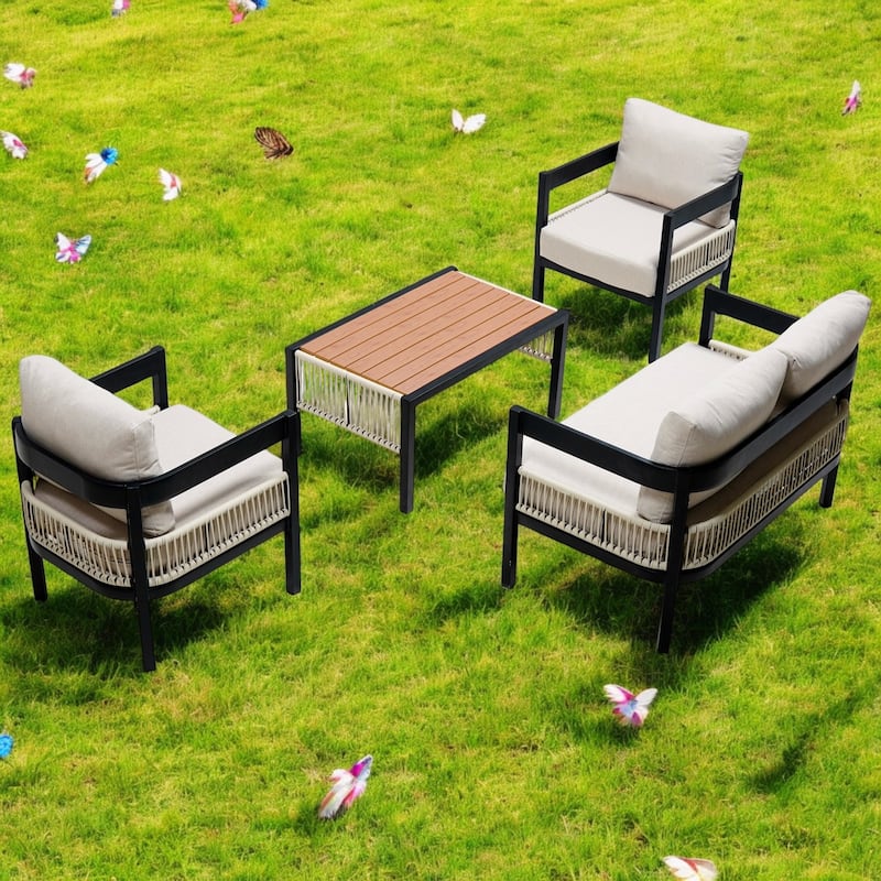 Outdoor Iron Sofa Set with Table, Rattan Accents, Waterproof and Rust-Proof - Ideal for Gardens, Patios, and Lawns