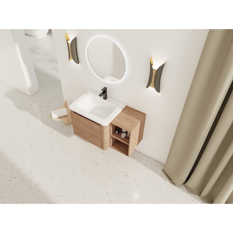 36'' Wall-Mounted Bathroom Vanity with White Ceramic Sink and Storage Shelves & 1-Soft-Close Door, KD-Packing, Plywood