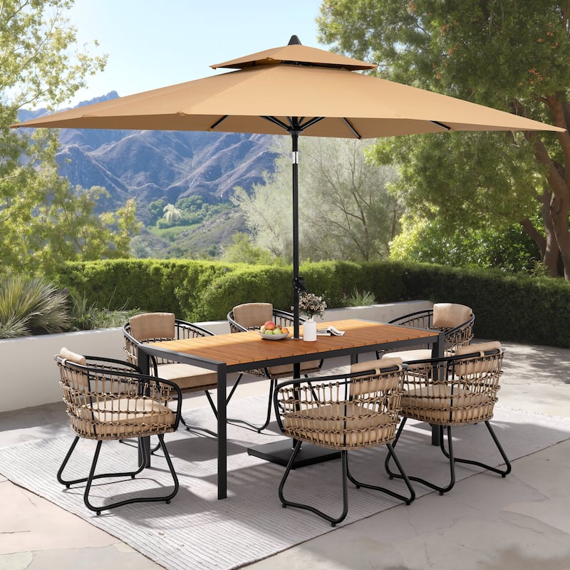 Set of 9 Outdoor Patio Dining Set WoodLike Aluminum Umbrella Hole Table with Rattan Chairs, Market Umbrella and Base - BrownTable&BeigeChairs&TanUmbrella