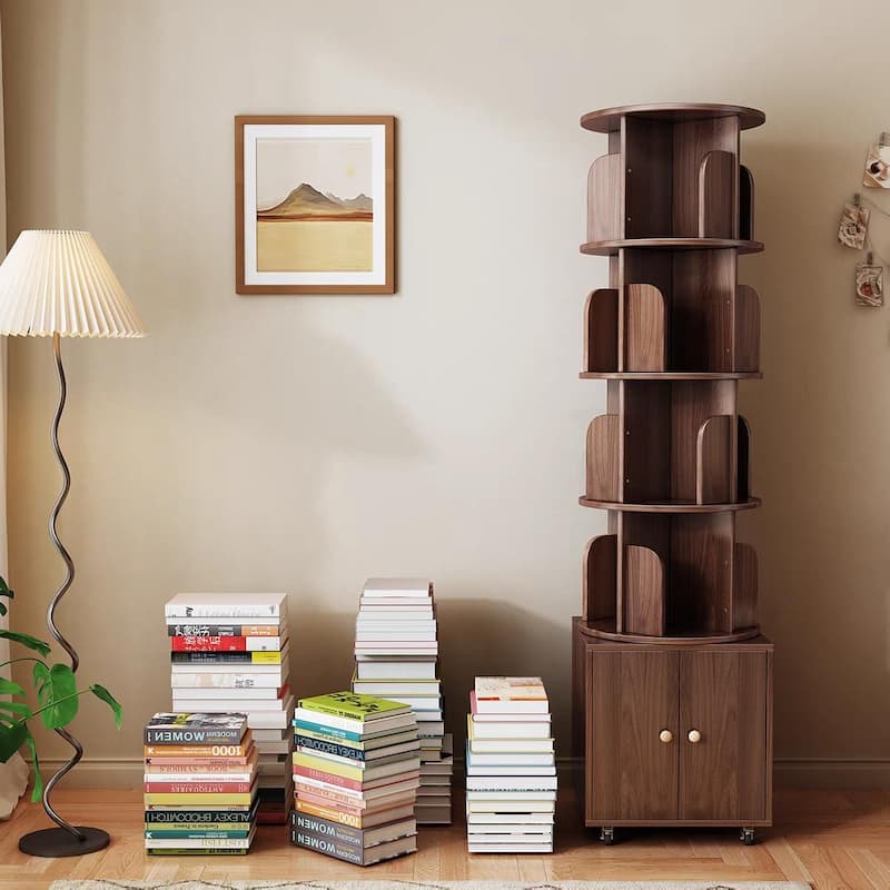 360 Degree Display 5 Tier Corner Bookshelf with Drawer, Floor Standing Bookcase Storage Rack, Wood Narrow Book Shelf Organizer