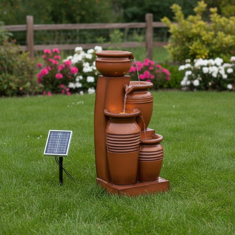 Teamson Home 28.74" 4-Tier Outdoor Fountain with LED Lights, Solar Powered, Weather-Resistant Faux Stone for Garden & Patio