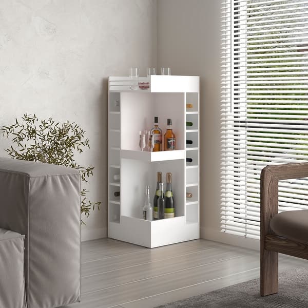 YITAHOME Corner Wine Bar Cabinet - 70.8" Tall With Glass Rack, Shelves & Storage Door, Grey Oak Finish