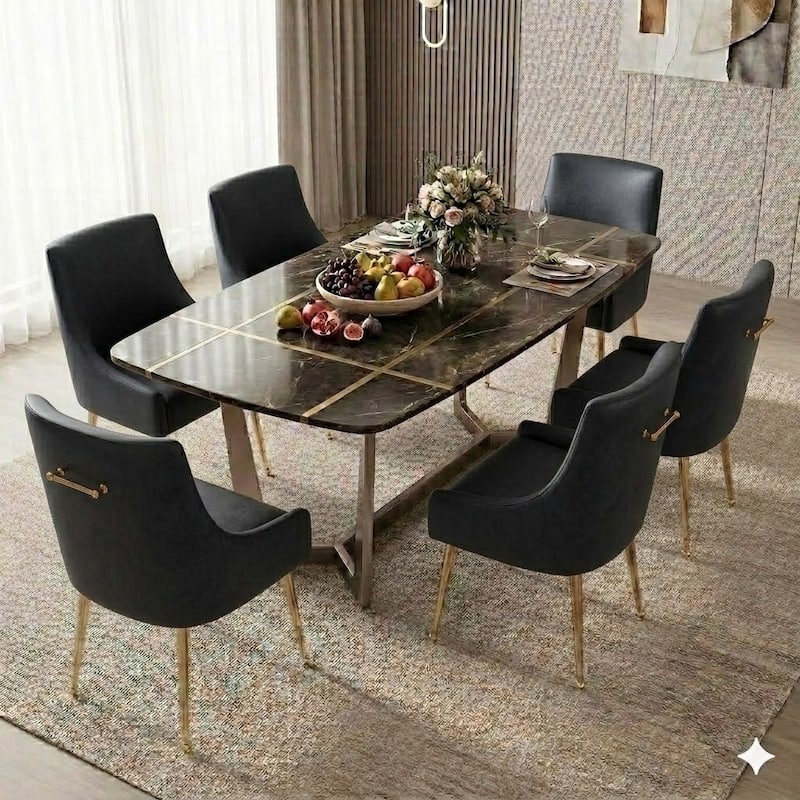 SEYNAR Modern Glam PU Leather Dining Chair or Vanity Chair Set of 6 with Rear Handle - Black