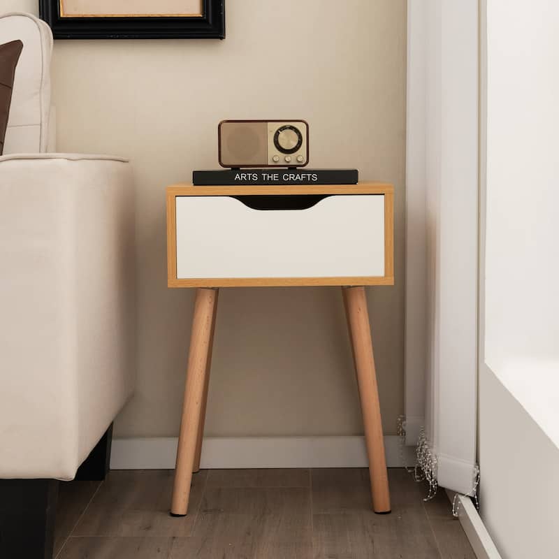 Wooden Nightstand with Drawer and Storage for Living Room