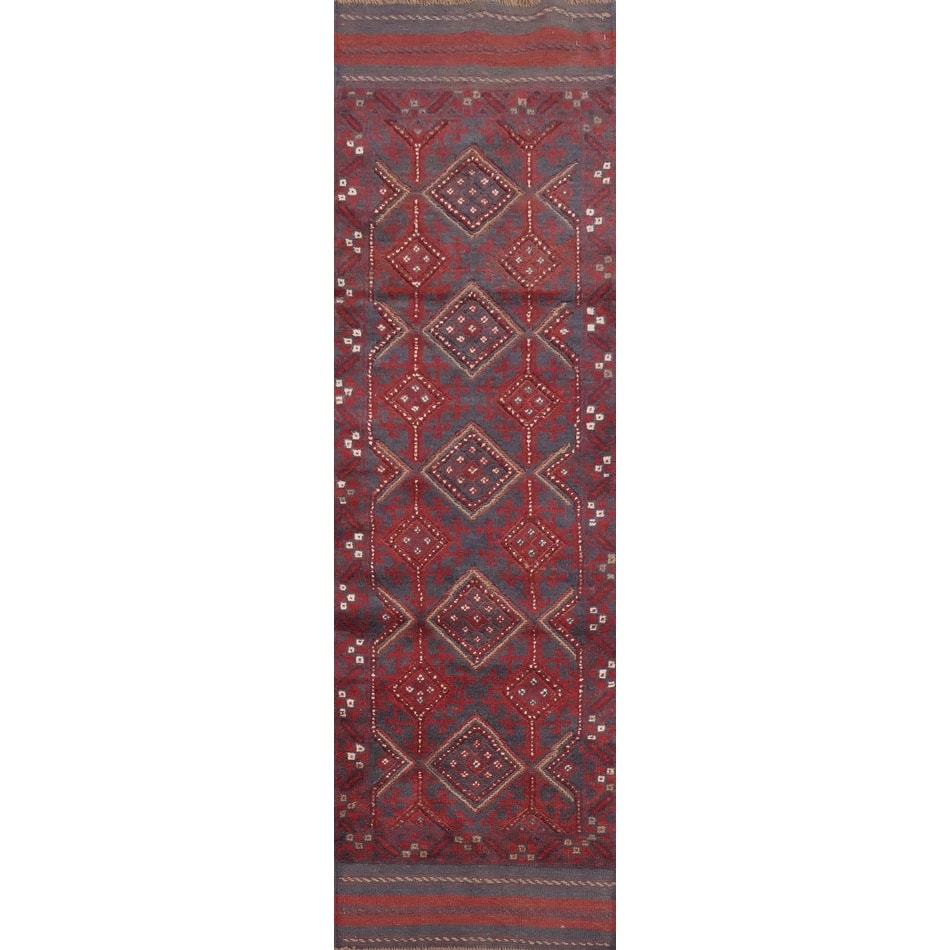 Hand Knotted Oriental 100% Wool Carpet Traditional Tribal Navy Blue & Blues Balouch Runner Rug - 7' 10'' X 1' 11''