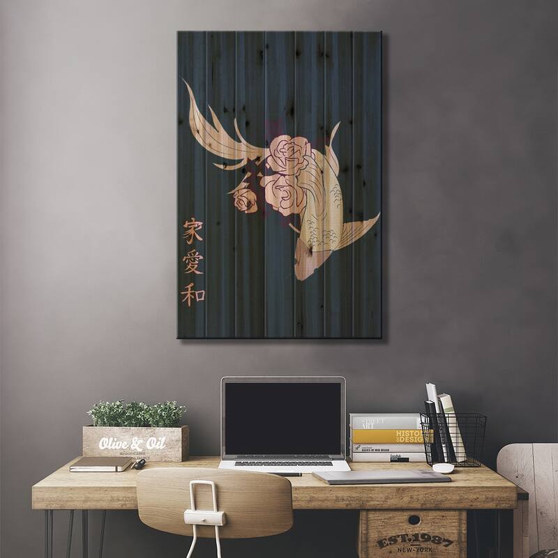 Japanese Art Style Drawing Koi Fish Print On Wood by Sabrina Balbuena - Multi-Color