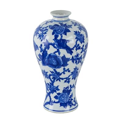 Floral Bird Porcelain Vase - 13" - Blue and White