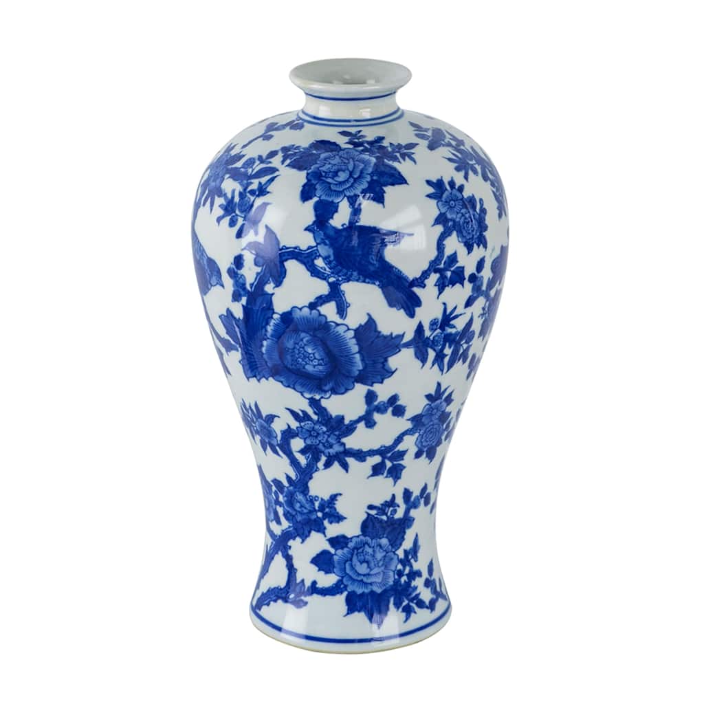 Floral Bird Porcelain Vase - 13" - Blue and White