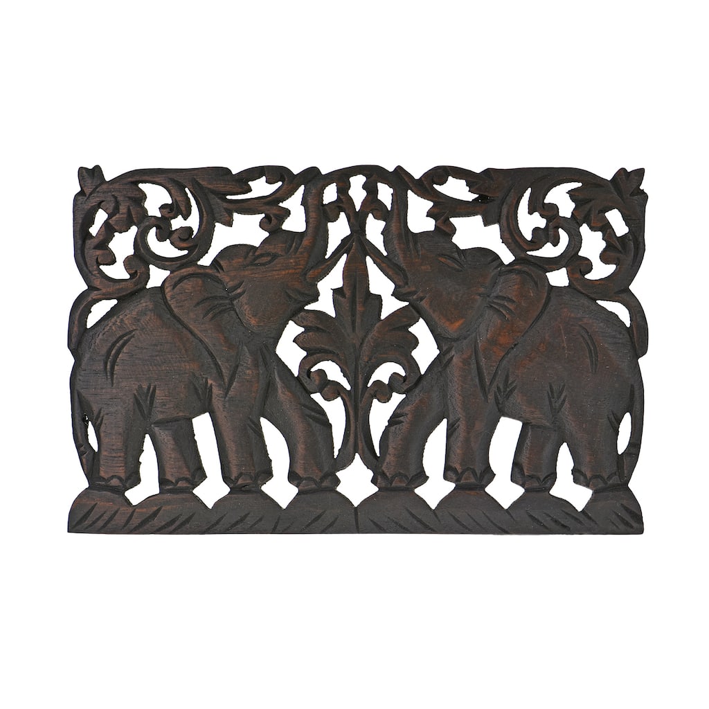 Handmade Jubilant Double Thai Elephant Calves Teak Wood Wall Art 7 x12 Inches (Thailand)