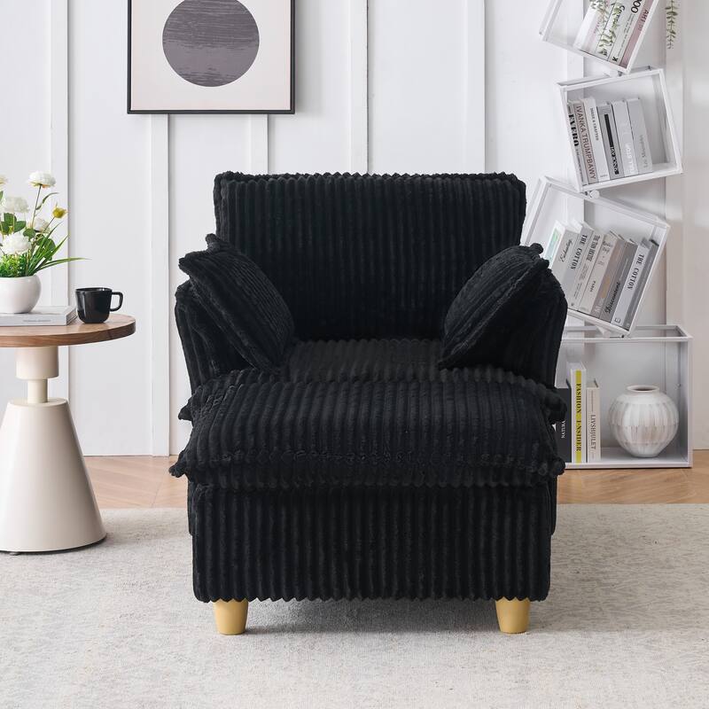 Single Sofa with Ottoman, Comfy Corduroy Upholstered Armchair, Lounge Chair with Throw Pillows for Living Room, Balcony - Black