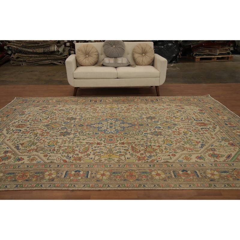 Hand Knotted Oriental 100% Wool Carpet Traditional Floral Beige & Ivories Tabriz Area Rug - 10' 9'' X 7' 10''