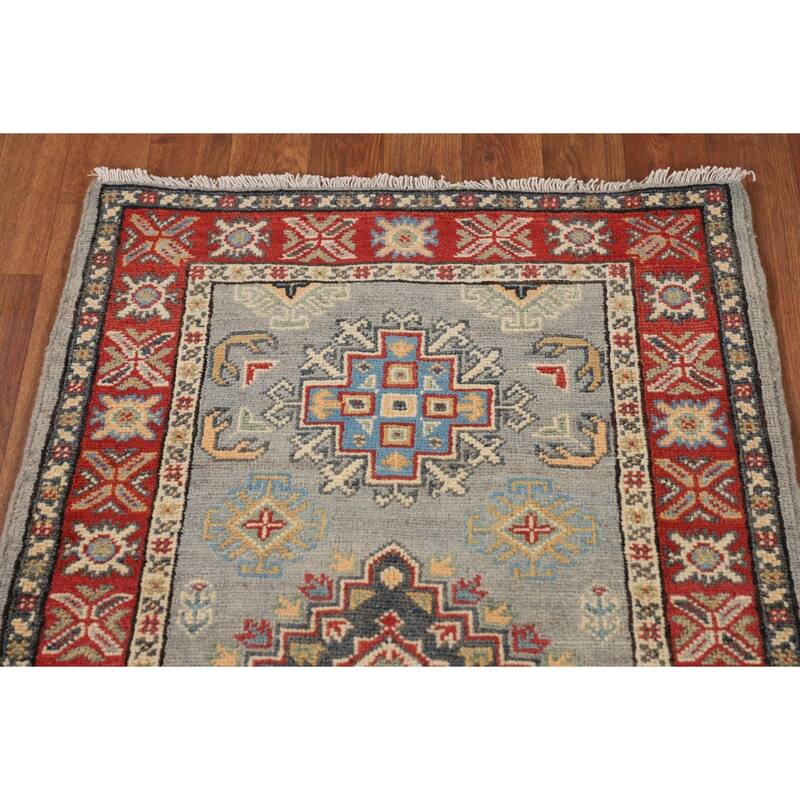 Geometric Kazak Oriental Runner Rug Hand-Knotted Grey Wool Carpet - 2'3" x 5'11"