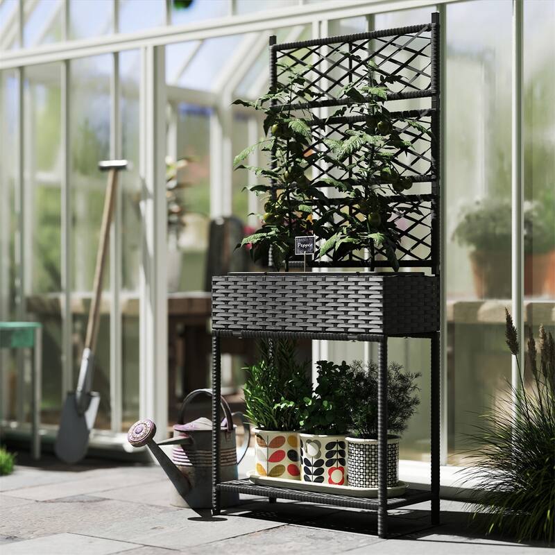 Outdoor Raised Garden Bed Rattan Plant Stand with Trellis and Storage Shelf for Herbs or Flowers - 21.7" L x 10.2" W x 52.4" H - Black