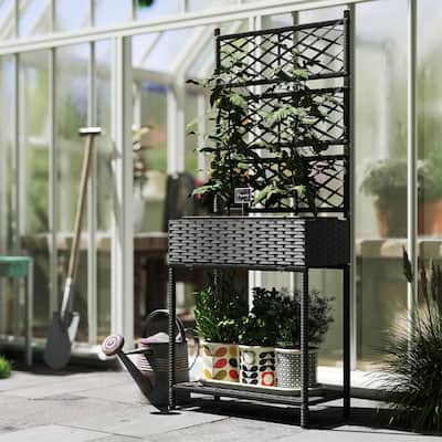 Outdoor Raised Garden Bed Rattan Plant Stand with Trellis and Storage Shelf for Herbs or Flowers - 21.7" L x 10.2" W x 52.4" H