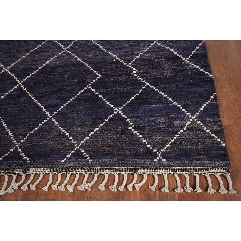 Navy Blue Trellis Moroccan Area Rug Hand-Knotted Wool Carpet - 6'9"x 10'5"