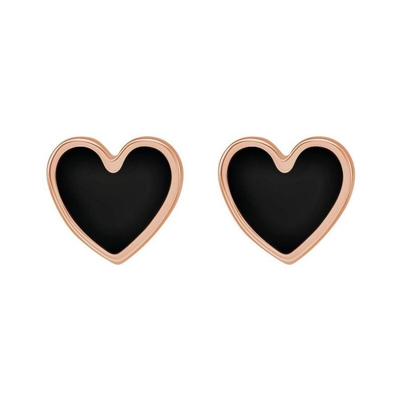Curata 14k Rose Gold Polished Black Enameled Friction Back Love Heart Stud Earrings - 5.88x5.48mm