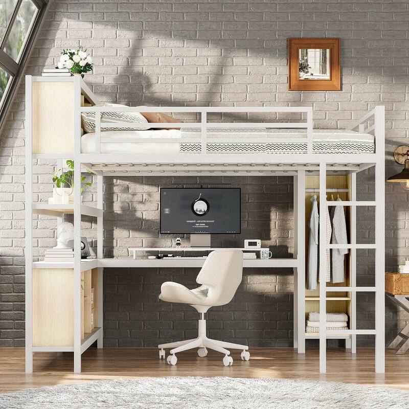 Queen Size Heavy Duty Metal Loft Bed with Wardrobe & L-shaped Desk, Multi-functional Storage Bed Frame with Cubes & Shelves