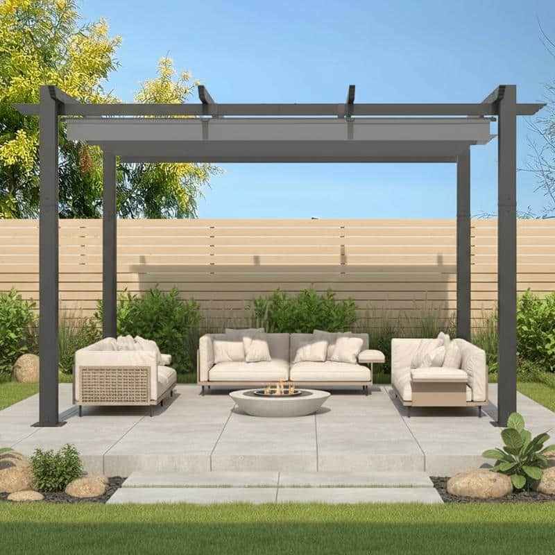 EROMMY 10' x 13' Outdoor Pergola with Retractable Canopy, Heavy-Duty Metal Frame and Adjustable Patio Shade Roof - 10'x12' - Grey