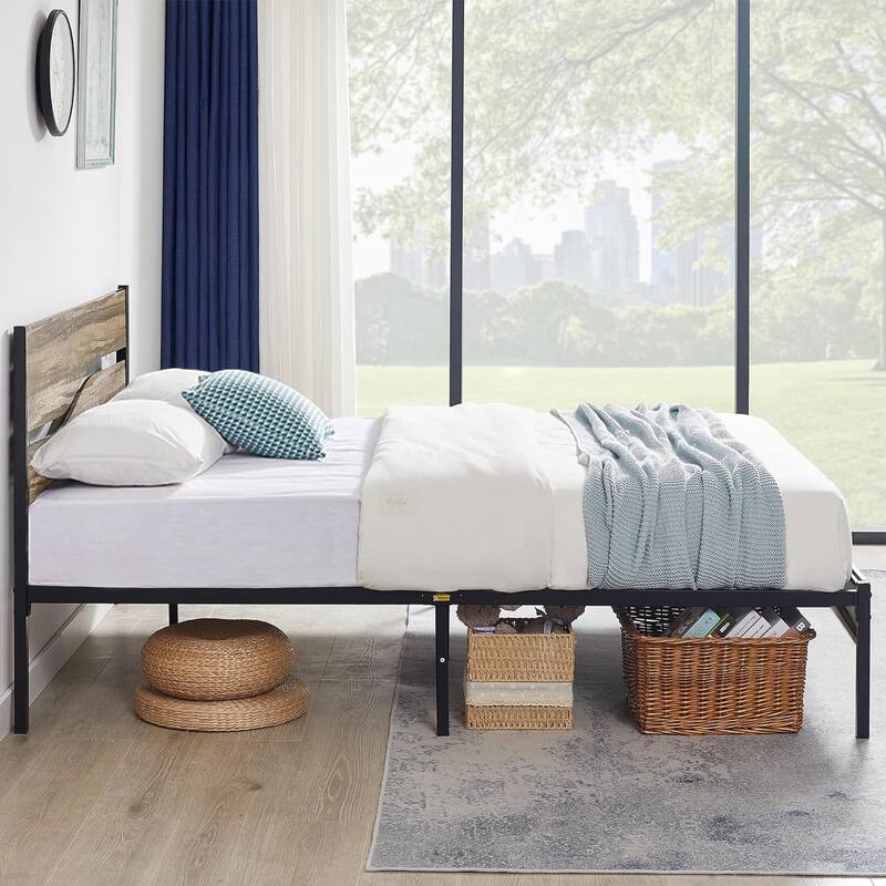 VECELO Beds Industrial Platform Bed Frame with Wood Headboard,Easy Set up